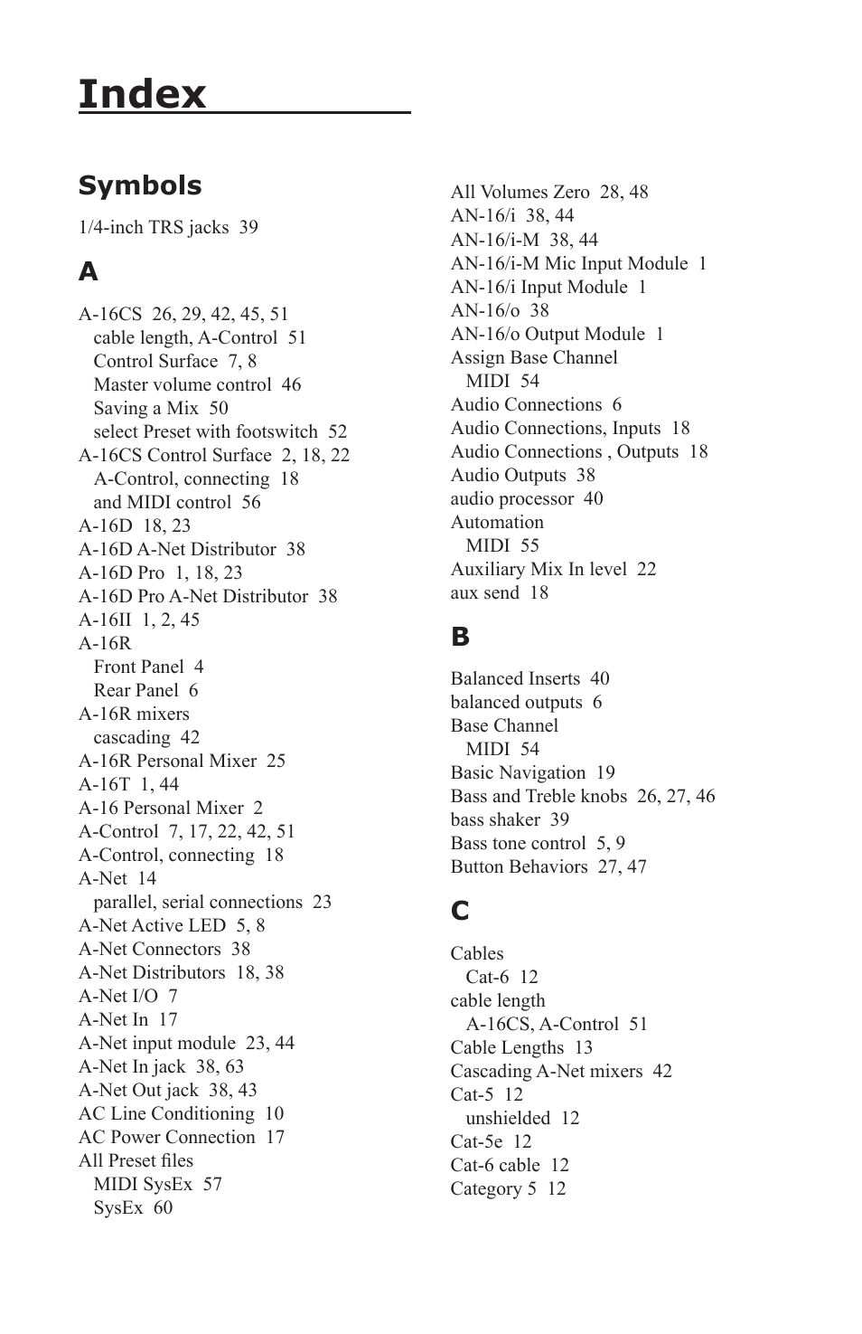 Index, Symbols | Aviom A-16CS User Manual | Page 86 / 92