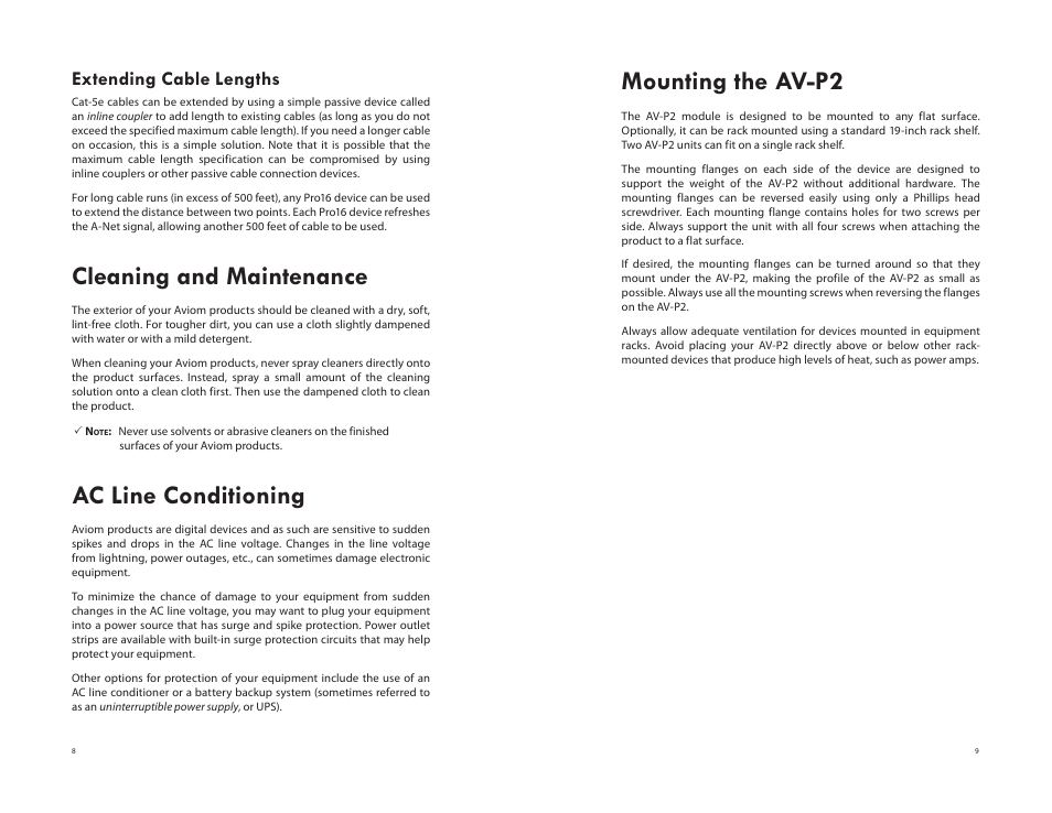 Extending cable lengths, Cleaning and maintenance, Ac line conditioning | Mounting the av-p2 | Aviom AV-P2 User Manual | Page 12 / 28