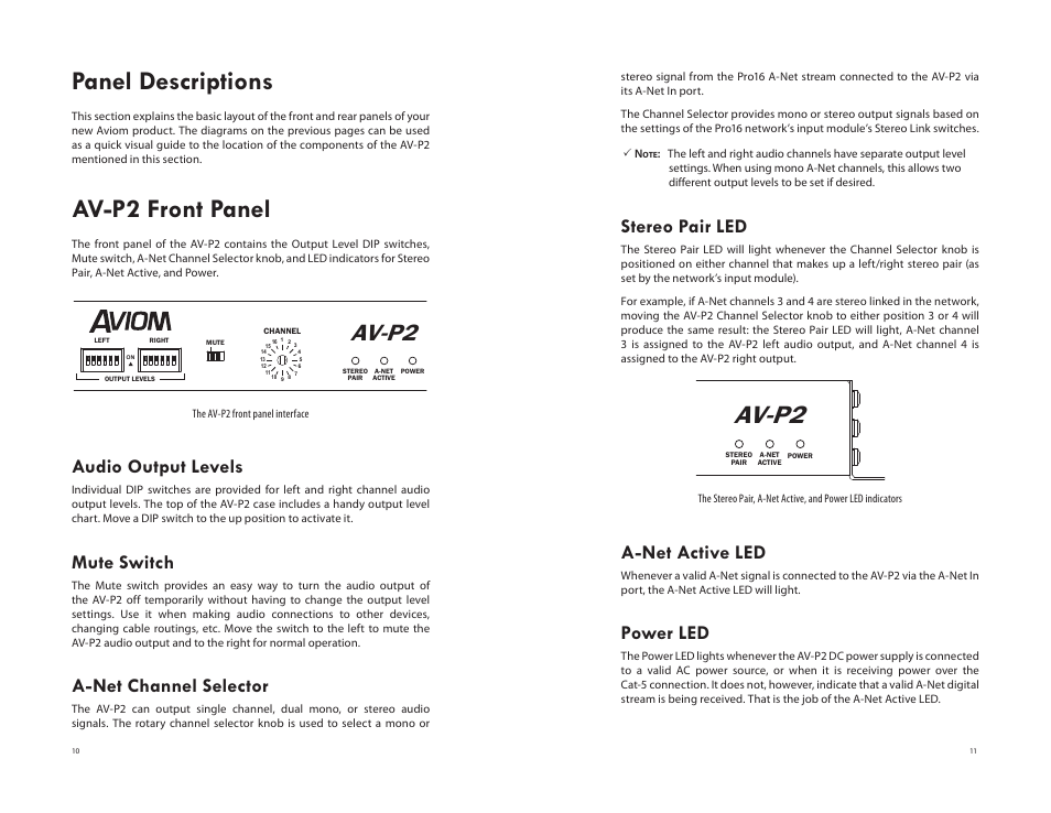 Panel descriptions, Av-p2 front panel, Audio output levels | Mute switch, A-net channel selector, Stereo pair led, A-net active led, Power led, Av-p2 | Aviom AV-P2 User Manual | Page 13 / 28