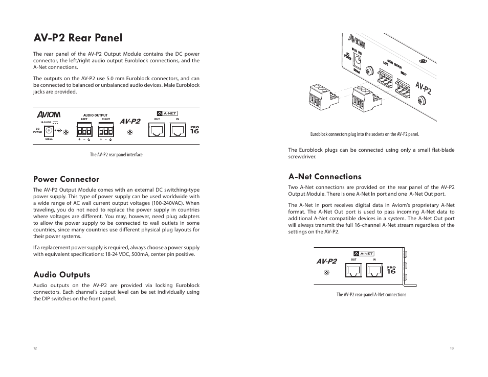 Av-p2 rear panel, Power connector, Audio outputs | A-net connections, Power connector audio outputs a-net connections, Av-p2 | Aviom AV-P2 User Manual | Page 14 / 28