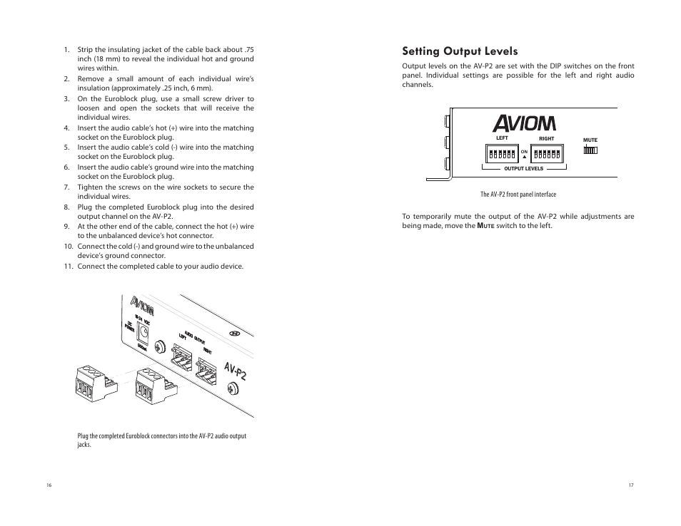 Setting output levels, Av-p2 | Aviom AV-P2 User Manual | Page 16 / 28