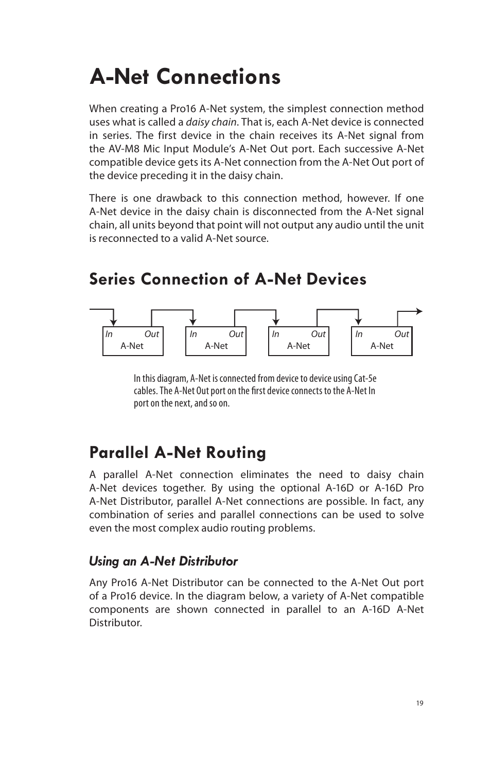 A-net connections, Series connection of a-net devices, Parallel a-net routing | Using an a-net distributor | Aviom AV-P2 User Manual | Page 18 / 28
