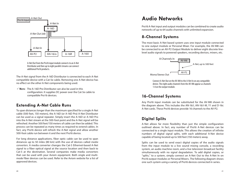 Extending a-net cable runs, Audio networks, Digital splits | Channel systems | Aviom AV-P2 User Manual | Page 19 / 28