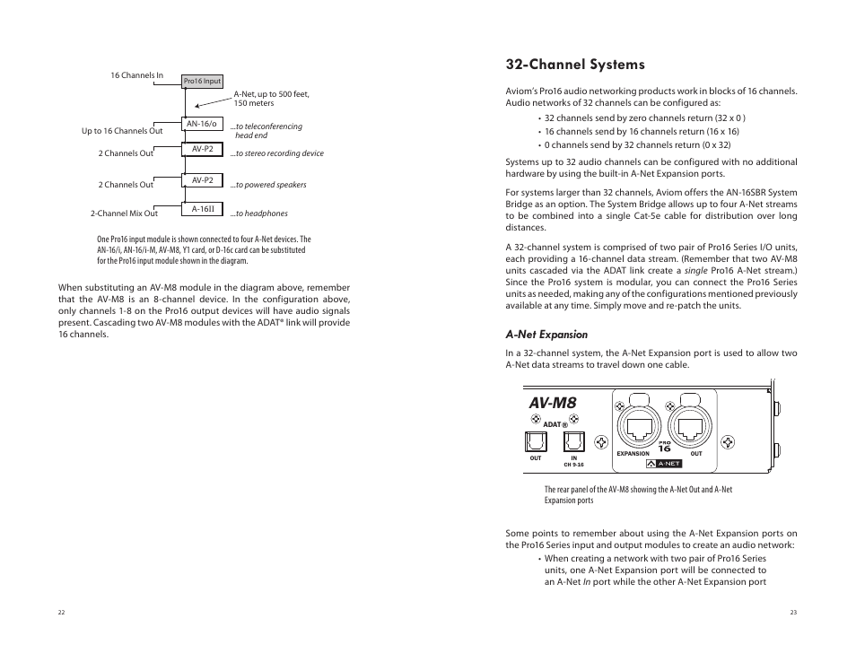 Channel systems, A-net expansion, Av-m8 | Aviom AV-P2 User Manual | Page 20 / 28
