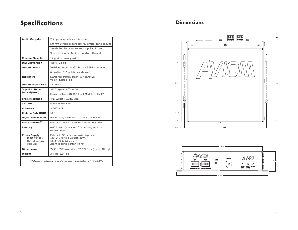 Specifications, Dimensions | Aviom AV-P2 User Manual | Page 24 / 28