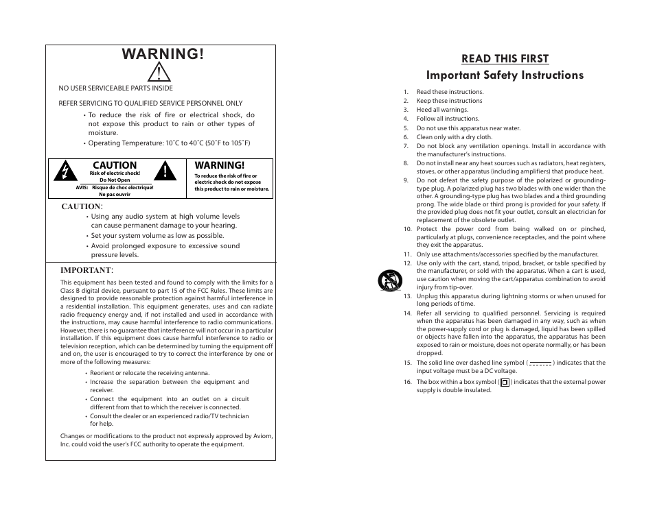 Warning, Important safety instructions, Read this first | Caution | Aviom AV-P2 User Manual | Page 3 / 28