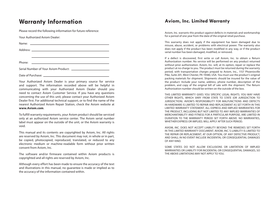 Warranty information, Aviom, inc. limited warranty | Aviom AV-P2 User Manual | Page 4 / 28