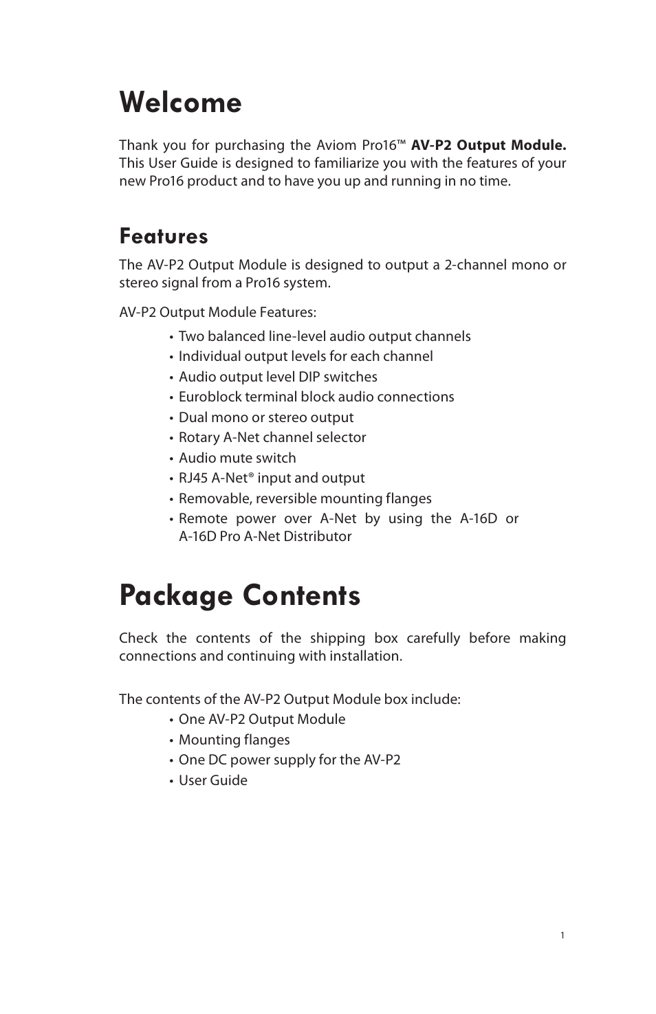 Welcome, Features, Package contents | Aviom AV-P2 User Manual | Page 7 / 28