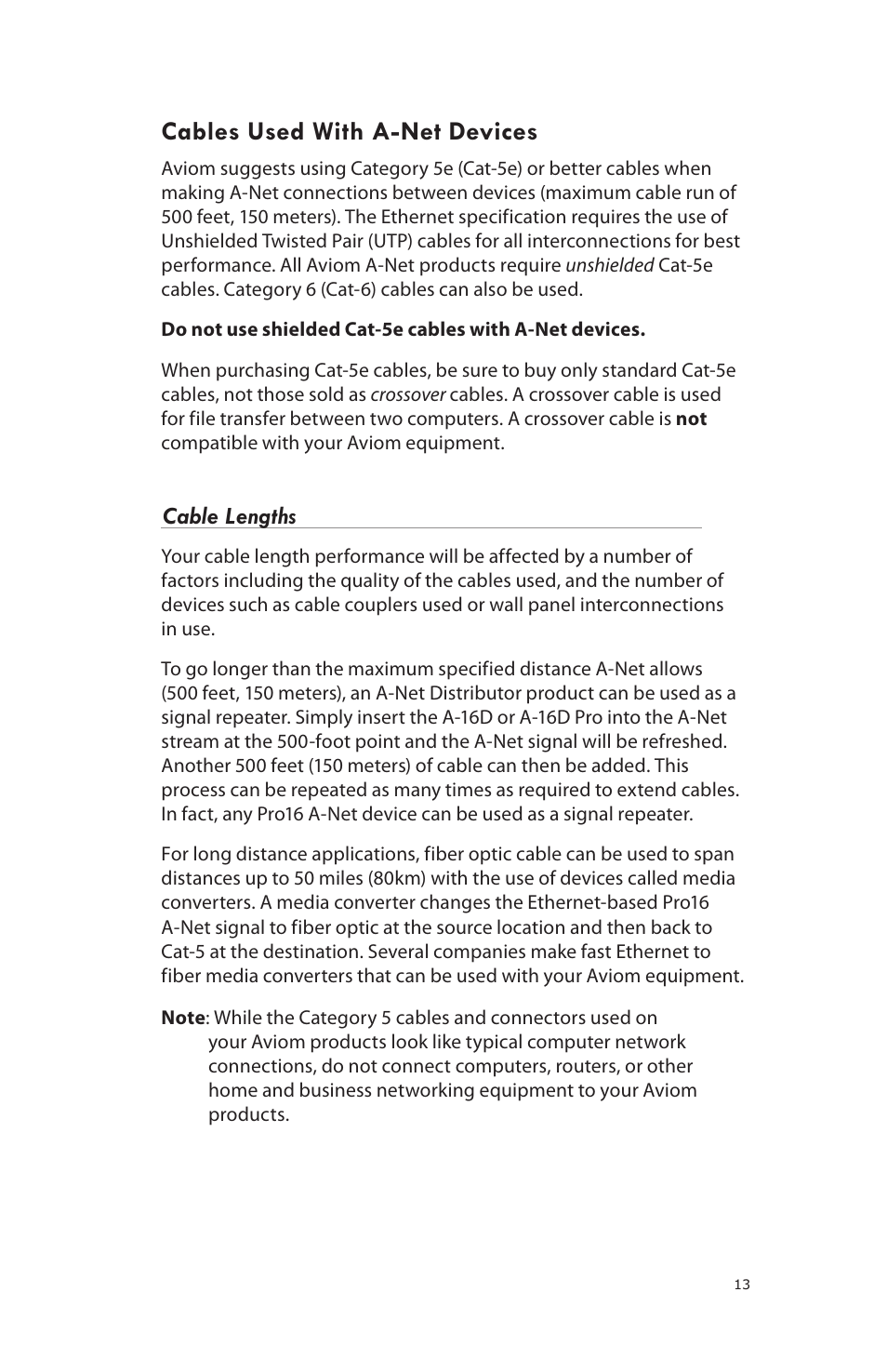 Cables used with a-net devices, Cable lengths | Aviom 16/O-Y1 User Manual | Page 15 / 20