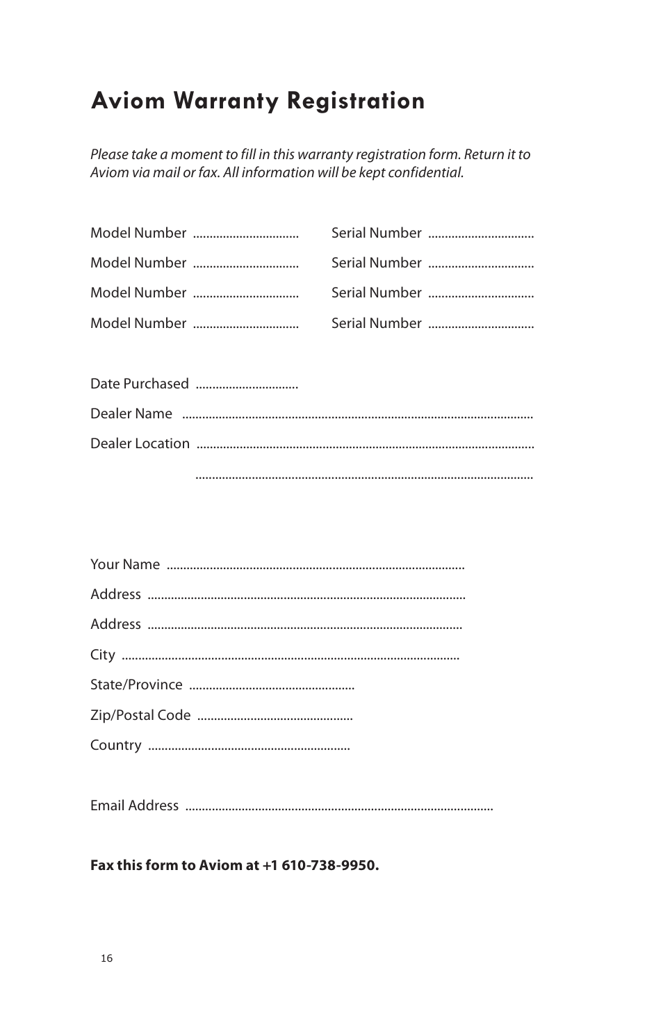 Aviom warranty registration | Aviom 16/O-Y1 User Manual | Page 18 / 20