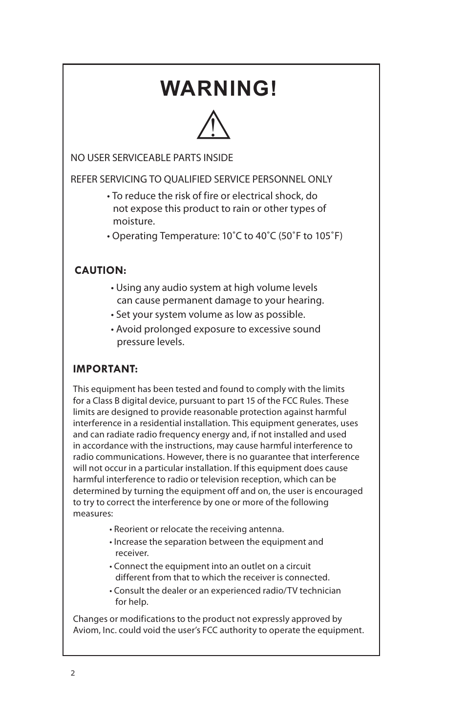 Warning | Aviom 16/O-Y1 User Manual | Page 4 / 20