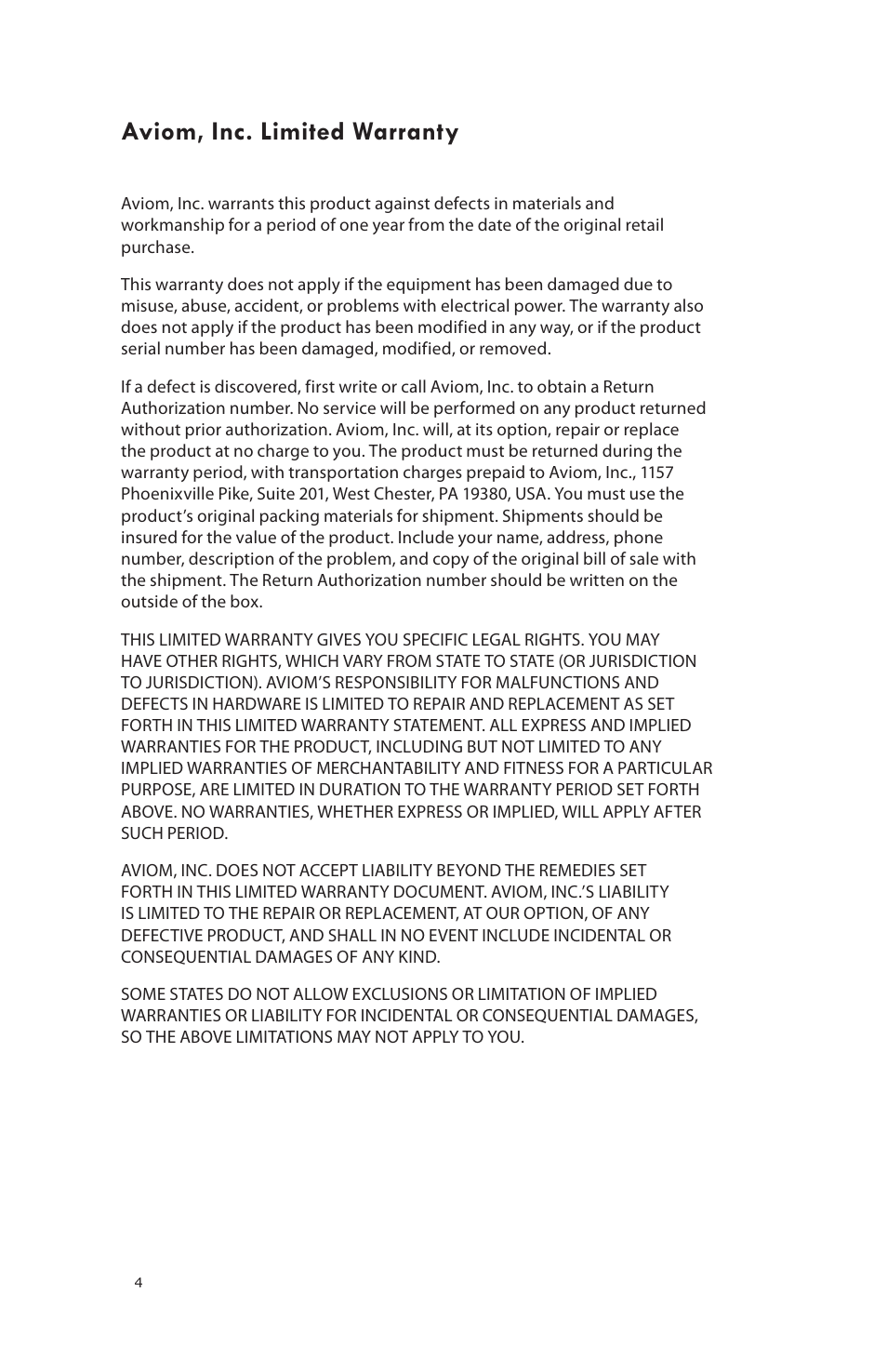 Aviom, inc. limited warranty | Aviom 16/O-Y1 User Manual | Page 6 / 20