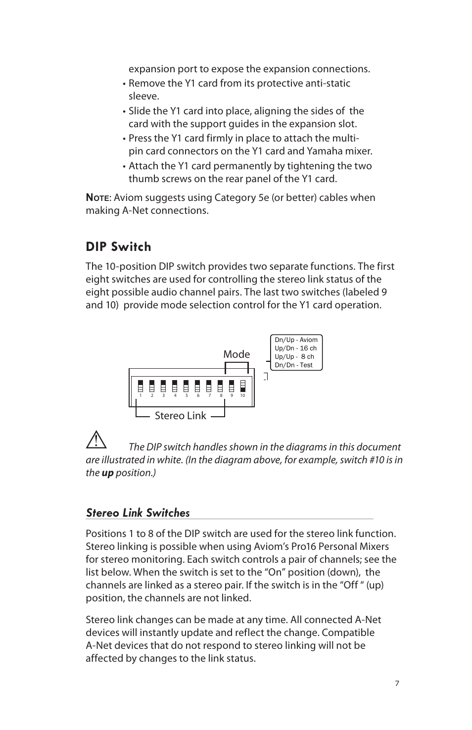 Aviom16/o-y1, Dip switch, A-net out | Stereo link switches, Stereo link mode, Made in usa | Aviom 16/O-Y1 User Manual | Page 9 / 20