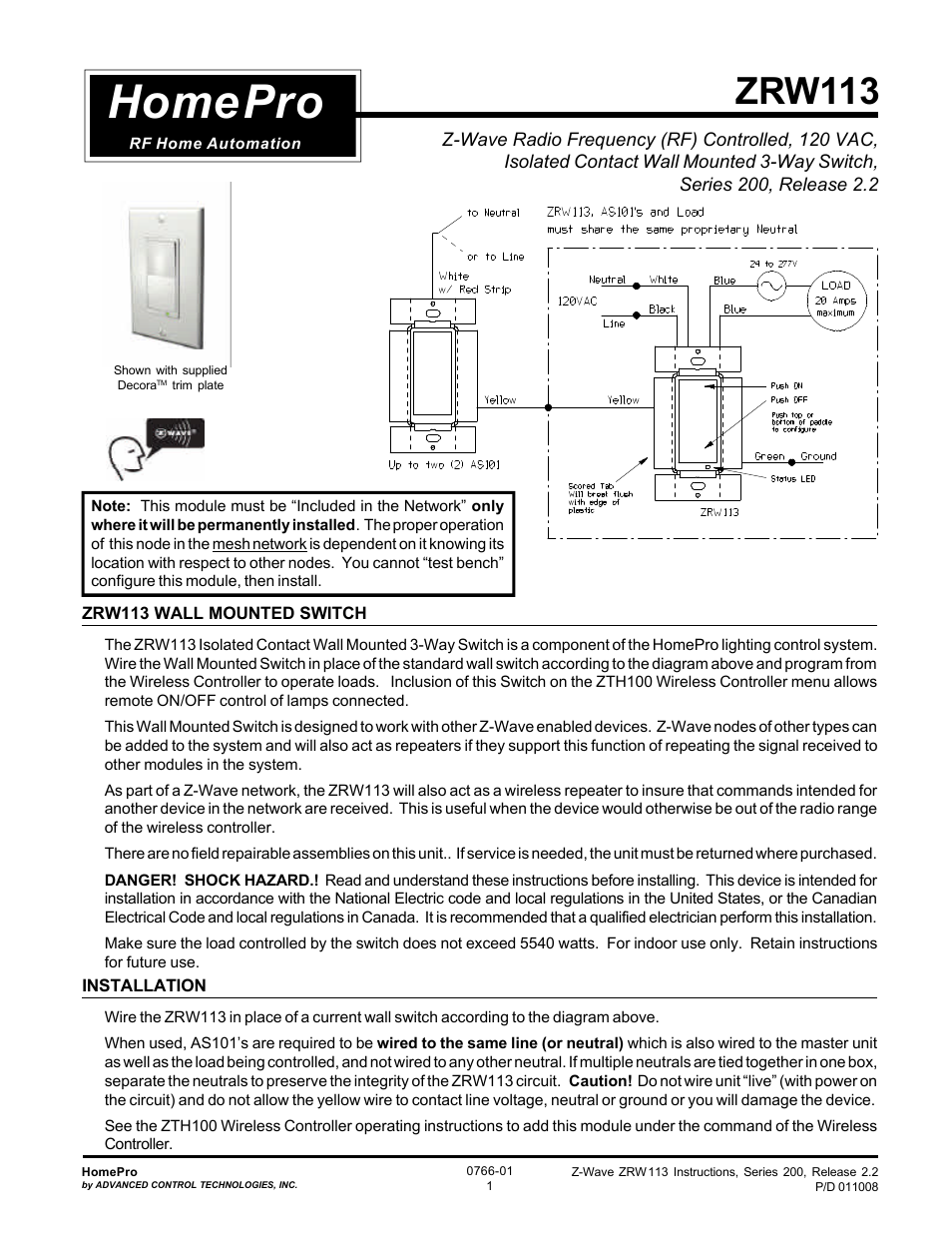 Z-Wave ZRW113 User Manual | 4 pages