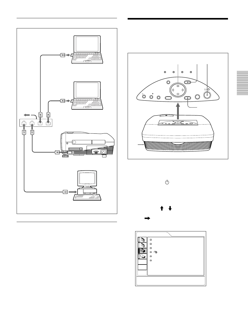 Selección del idioma del menú, Pulse la tecla i / 1 para activar la alimentación, Pulse la tecla menu. aparece el menú | Sony VPL-PS10 User Manual | Page 107 / 128