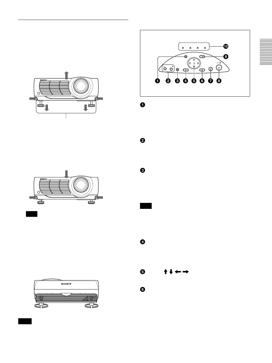Control panel, How to use the adjusters | Sony VPL-PS10 User Manual | Page 11 / 128