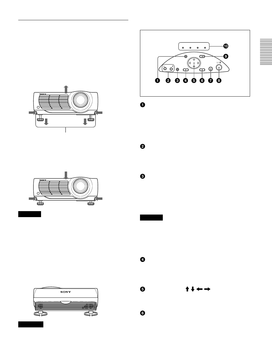 Panneau de commande, Utilisation des supports réglables | Sony VPL-PS10 User Manual | Page 53 / 128