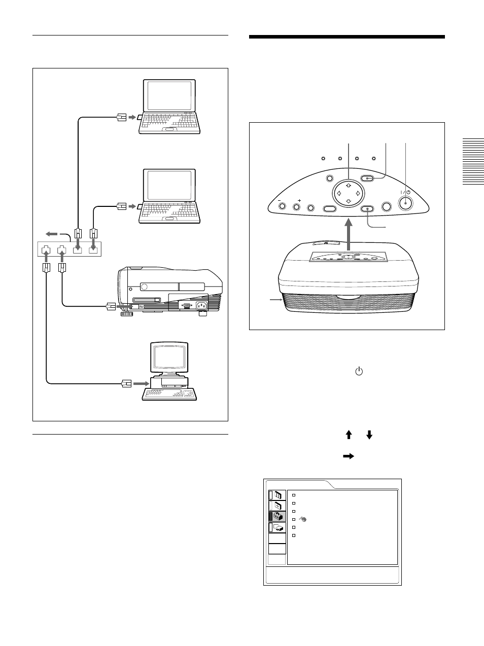 Sélection de la langue d’affichage des menus, Si vous mémorisez le fichier créé avec powerpoint, Introduisez la fiche secteur dans la prise murale | Sony VPL-PS10 User Manual | Page 65 / 128