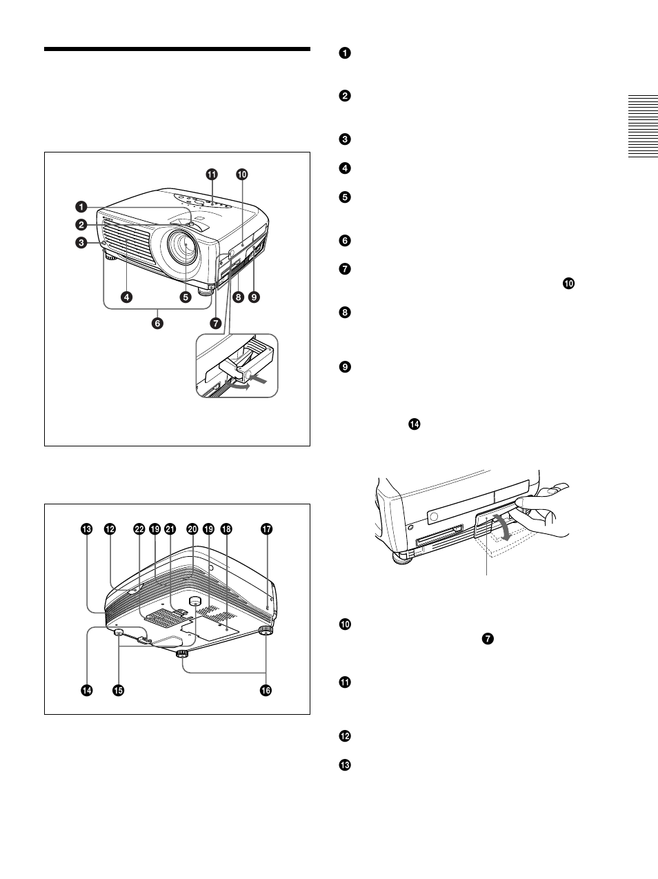 Ubicación y función de los controles, Parte frontal / izquierda, Parte posterior / derecha / inferior | Sony VPL-PS10 User Manual | Page 93 / 128