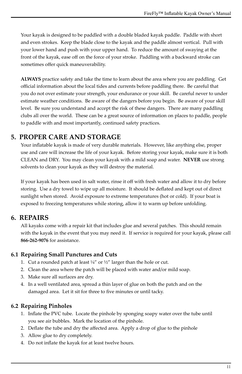 Proper care and storage, Repairs | Advanced Elements AE1020 User Manual | Page 11 / 16