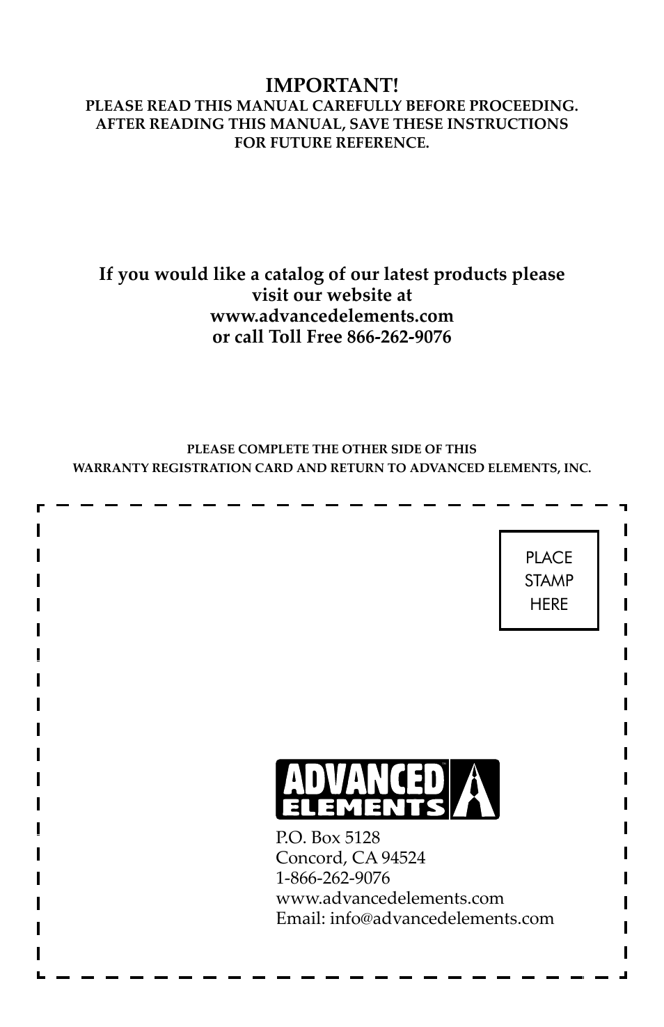 Important | Advanced Elements AE1020 User Manual | Page 16 / 16