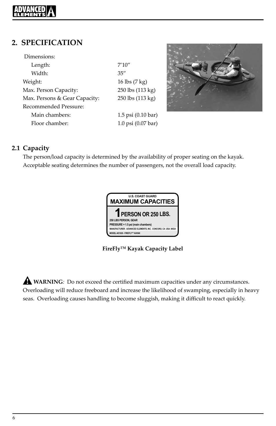Specification, 1 capacity | Advanced Elements AE1020 User Manual | Page 6 / 16