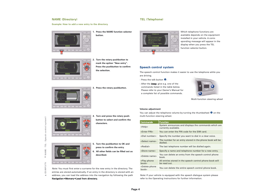 Name (directory), Tel (telephone), Speech control system | Audi Navigation System plus (RNS-E) User Manual | Page 4 / 8