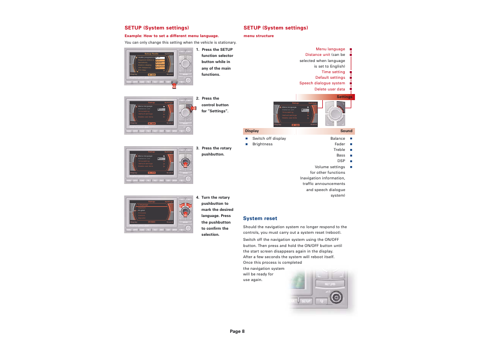 Setup (system settings), System reset, Page 8 | Audi Navigation System plus (RNS-E) User Manual | Page 8 / 8