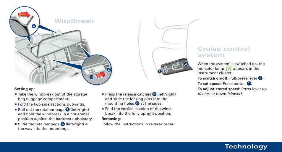 Technology, Windbreak, Cruise control system | Audi S4 User Manual | Page 9 / 16