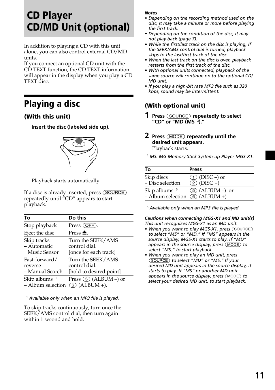 Playing a disc, Cd player cd/md unit (optional) | Sony CDX-MP30 User Manual | Page 11 / 80