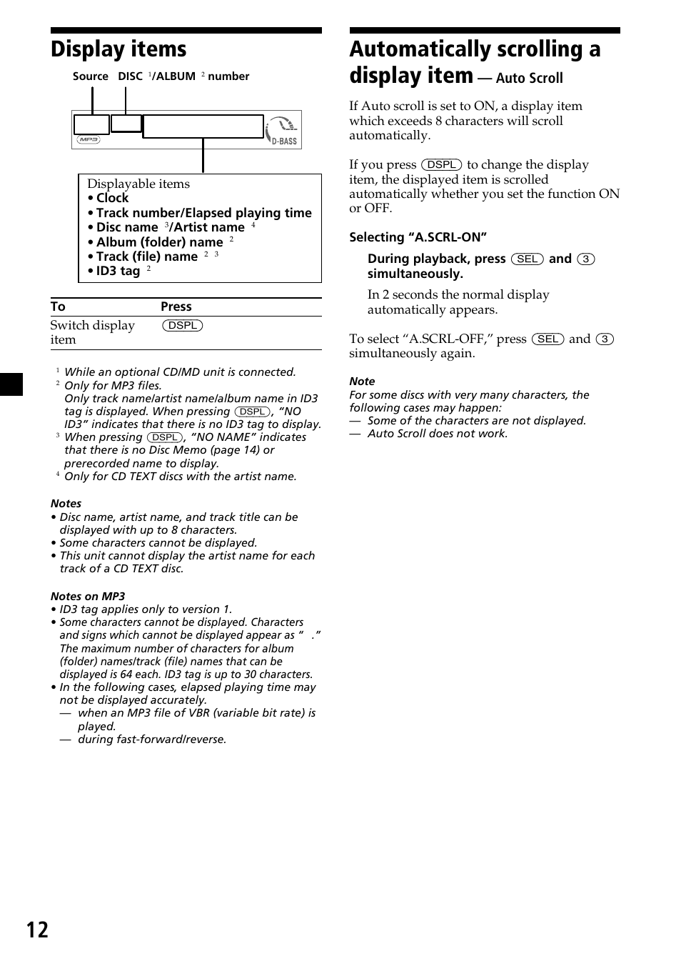 Display items, 12 display items, Automatically scrolling a display item | Auto scroll | Sony CDX-MP30 User Manual | Page 12 / 80