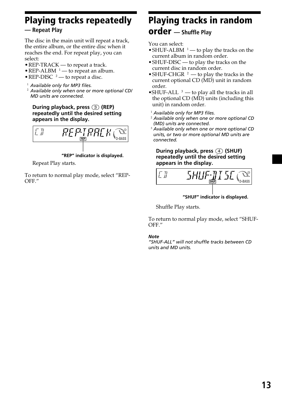 Playing tracks repeatedly — repeat play, Playing tracks in random order — shuffle play, 13 playing tracks repeatedly | Playing tracks in random order, Repeat play, Shuffle play | Sony CDX-MP30 User Manual | Page 13 / 80