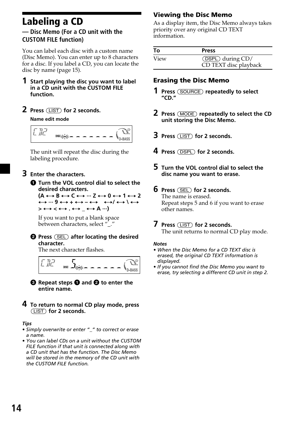 Labeling a cd | Sony CDX-MP30 User Manual | Page 14 / 80