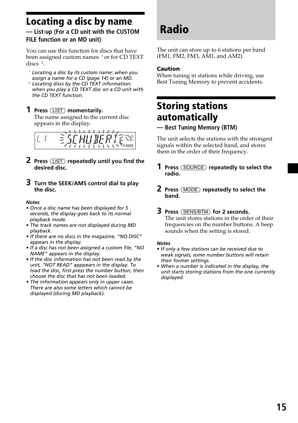 Locating a disc by name, Storing stations automatically, Radio | Sony CDX-MP30 User Manual | Page 15 / 80