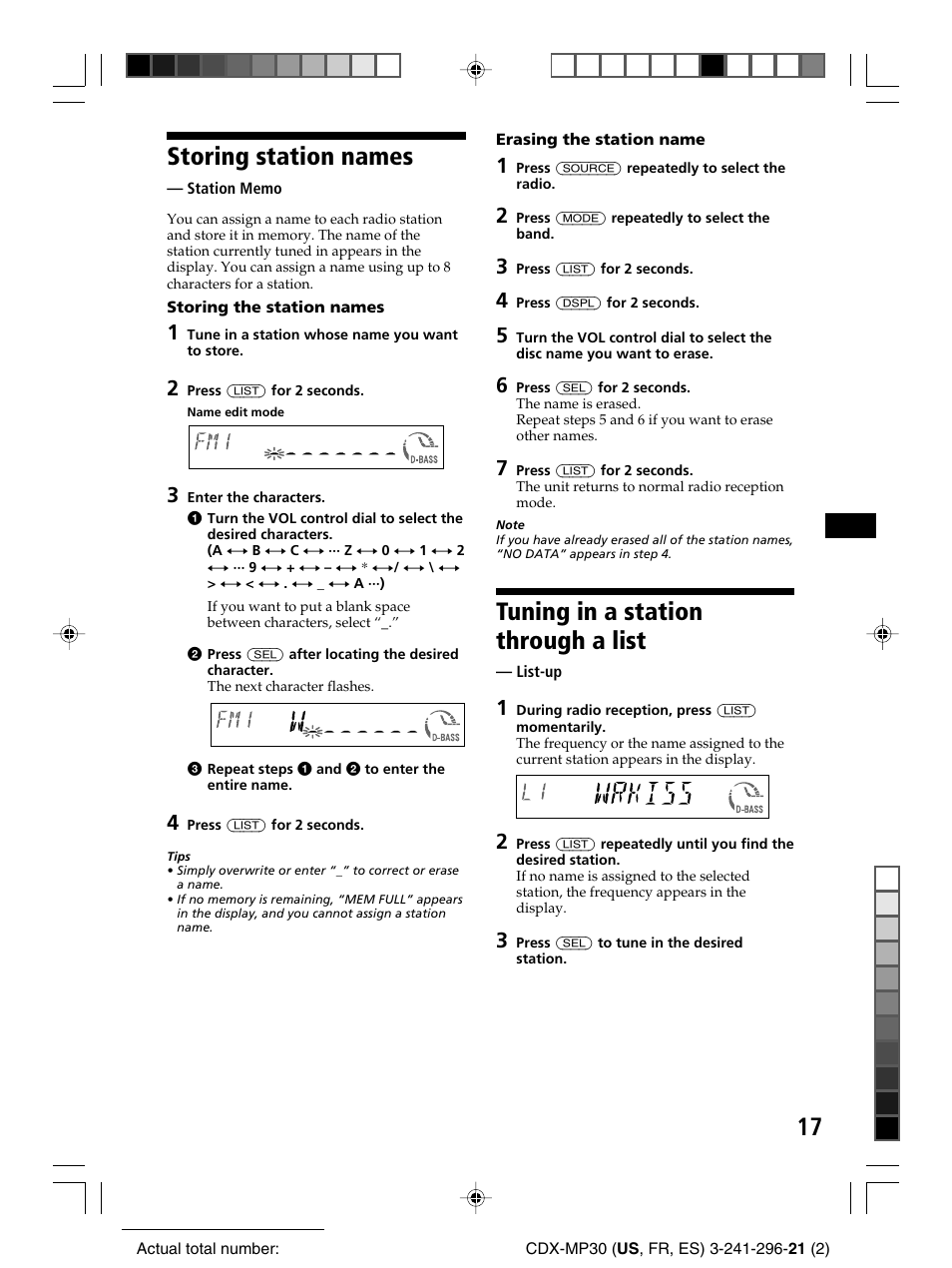 Storing station names, Tuning in a station through a list | Sony CDX-MP30 User Manual | Page 17 / 80