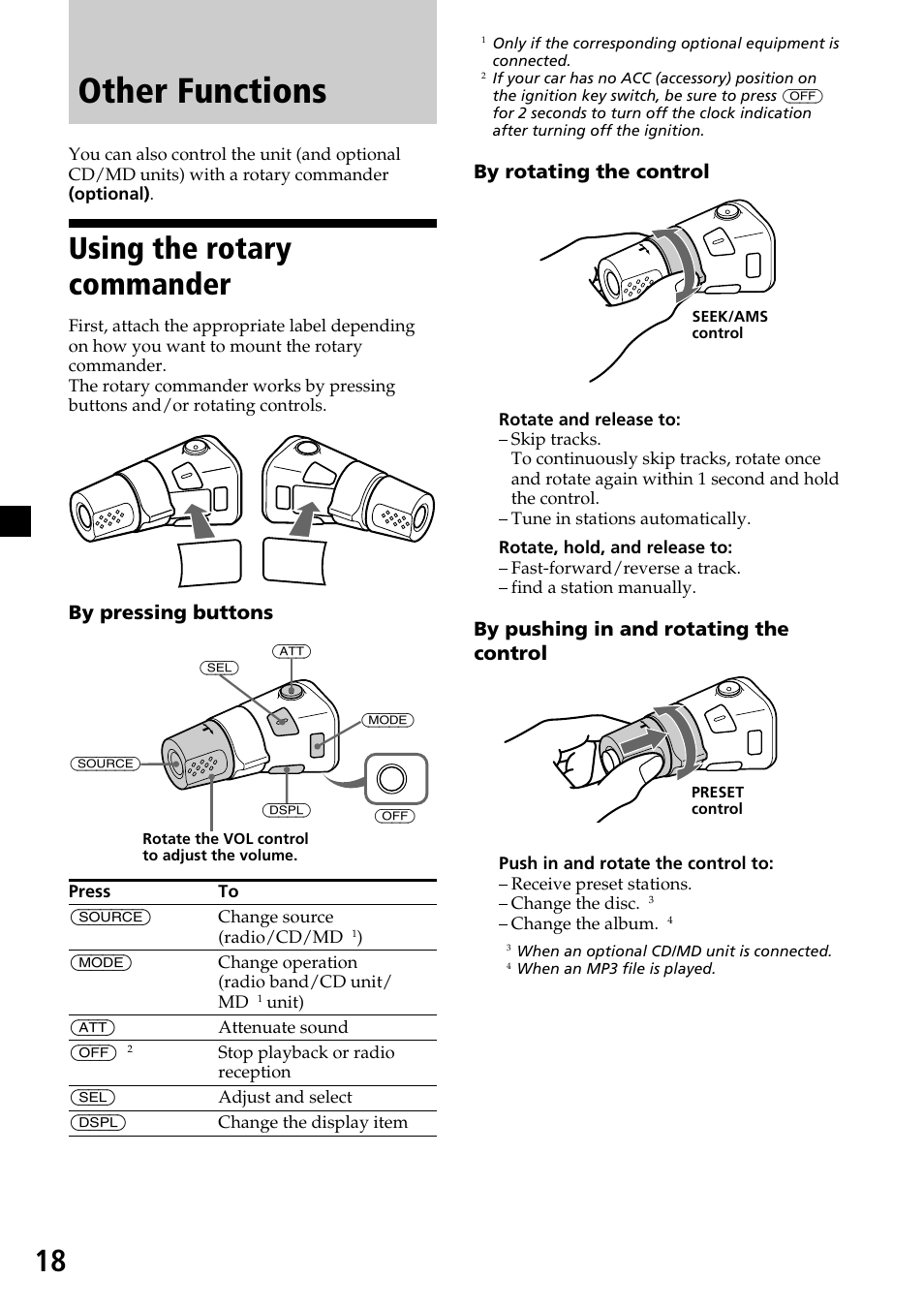 Using the rotary commander, Other functions, By pressing buttons | By rotating the control, By pushing in and rotating the control | Sony CDX-MP30 User Manual | Page 18 / 80