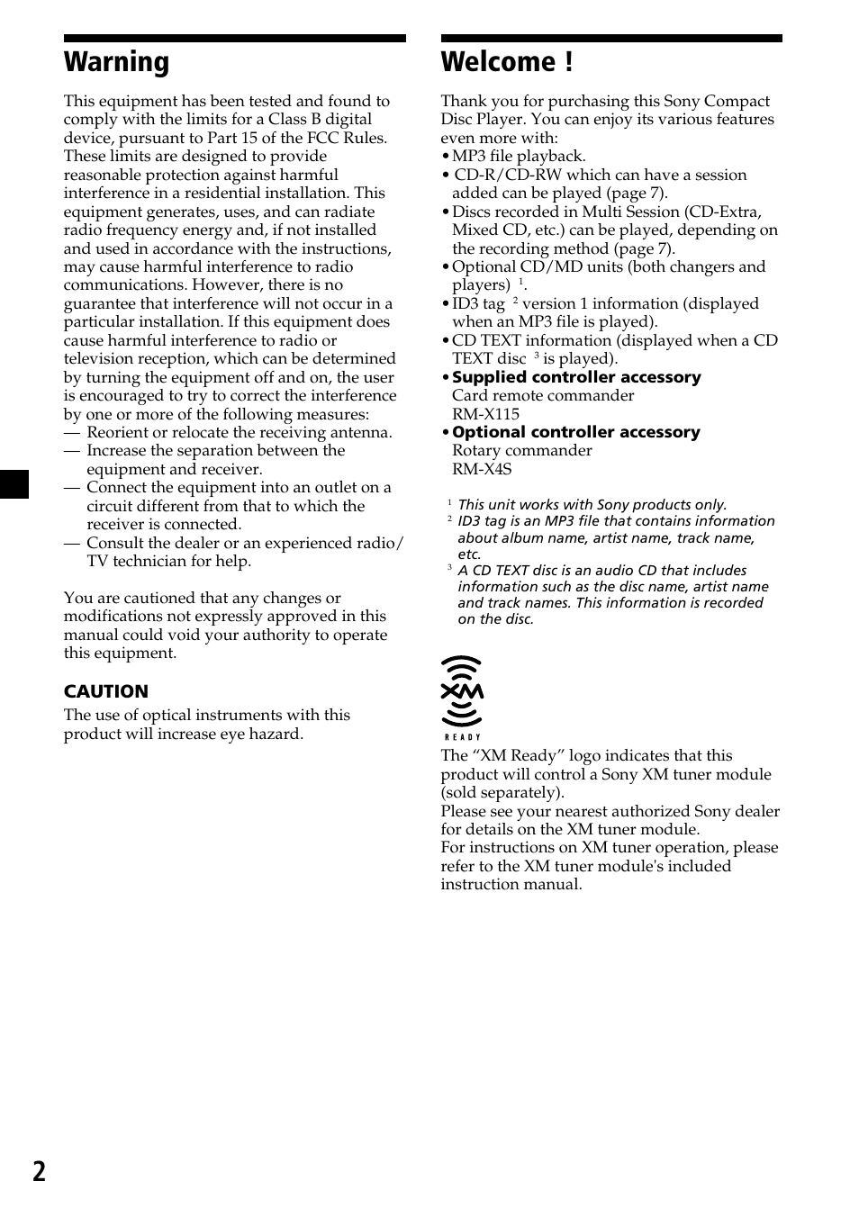2welcome, Warning | Sony CDX-MP30 User Manual | Page 2 / 80