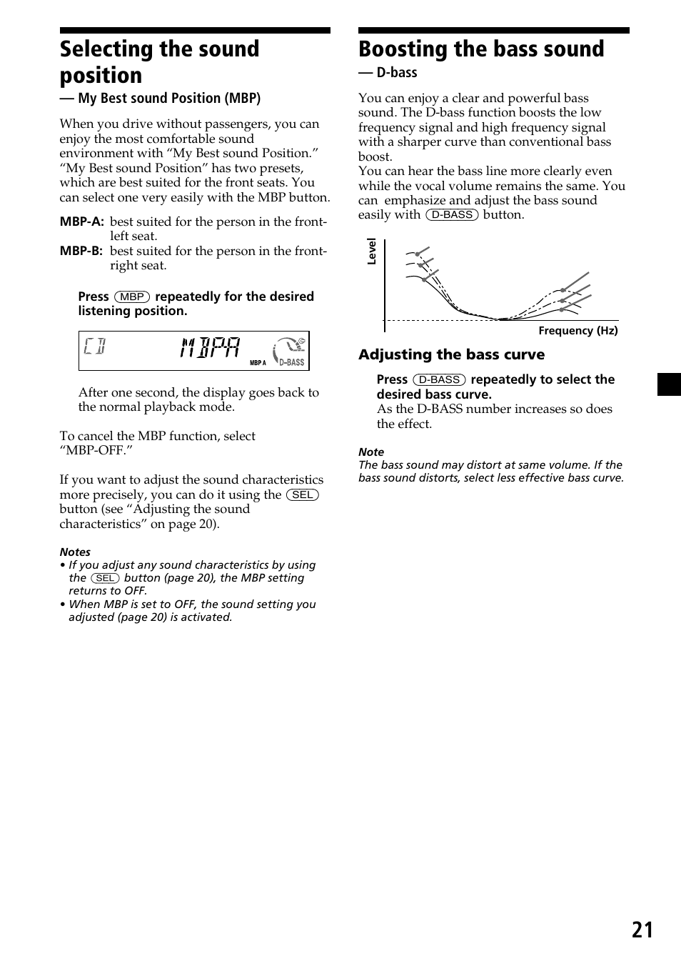 Selecting the sound position, Boosting the bass sound, D-bass | Adjusting the bass curve, My best sound position (mbp) | Sony CDX-MP30 User Manual | Page 21 / 80