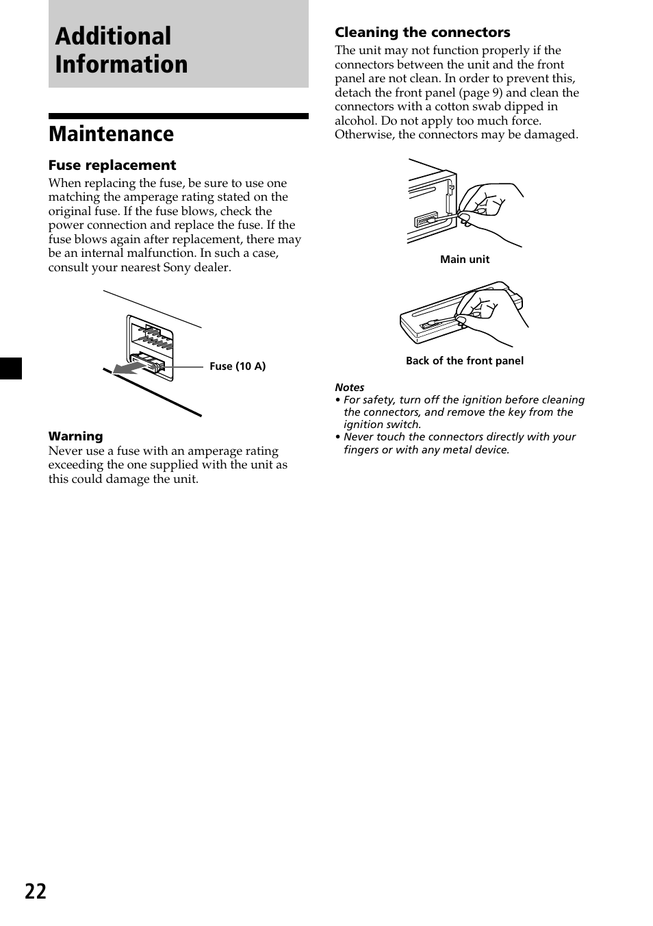 Maintenance, Additional information | Sony CDX-MP30 User Manual | Page 22 / 80