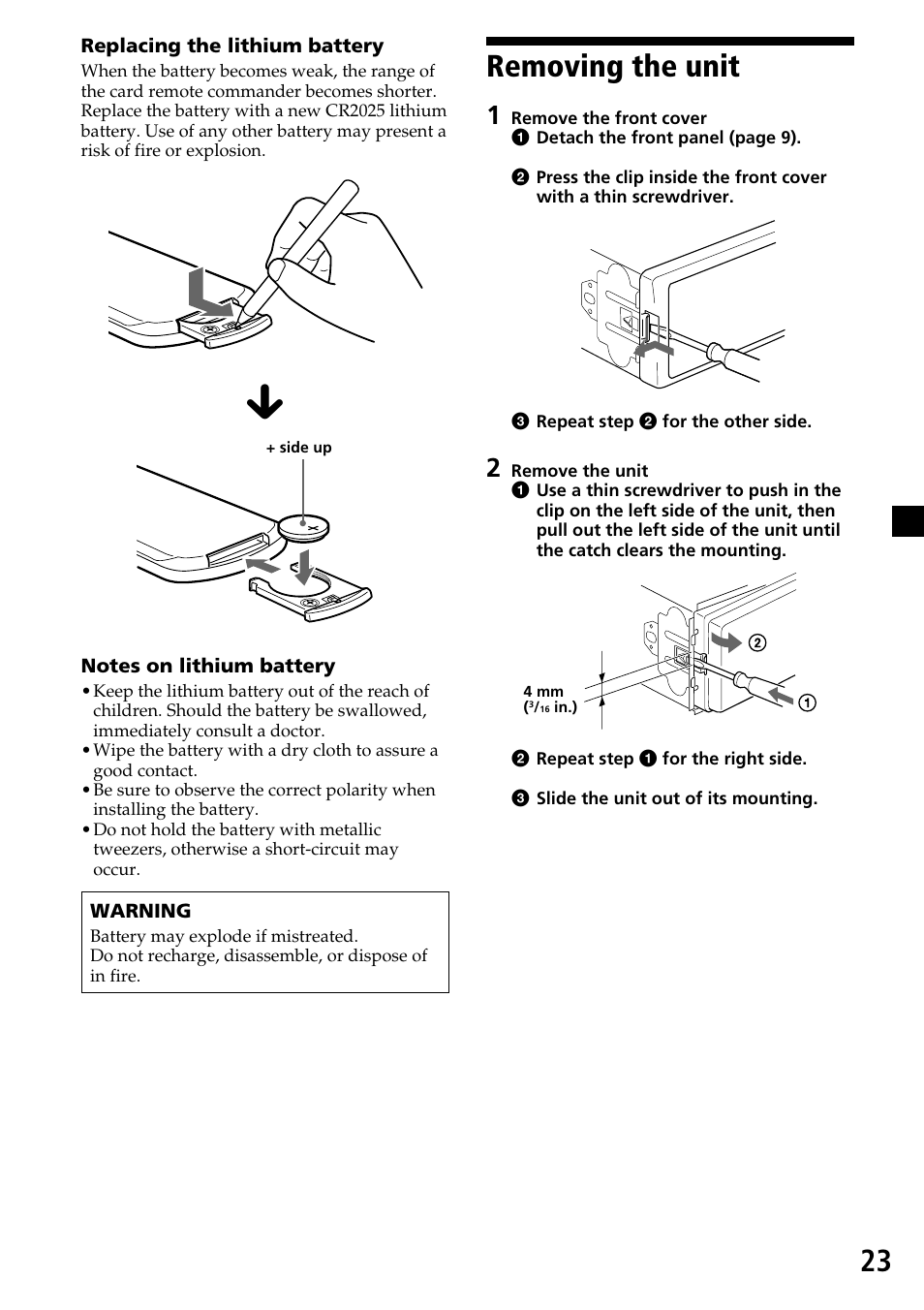 Removing the unit, 23 removing the unit | Sony CDX-MP30 User Manual | Page 23 / 80