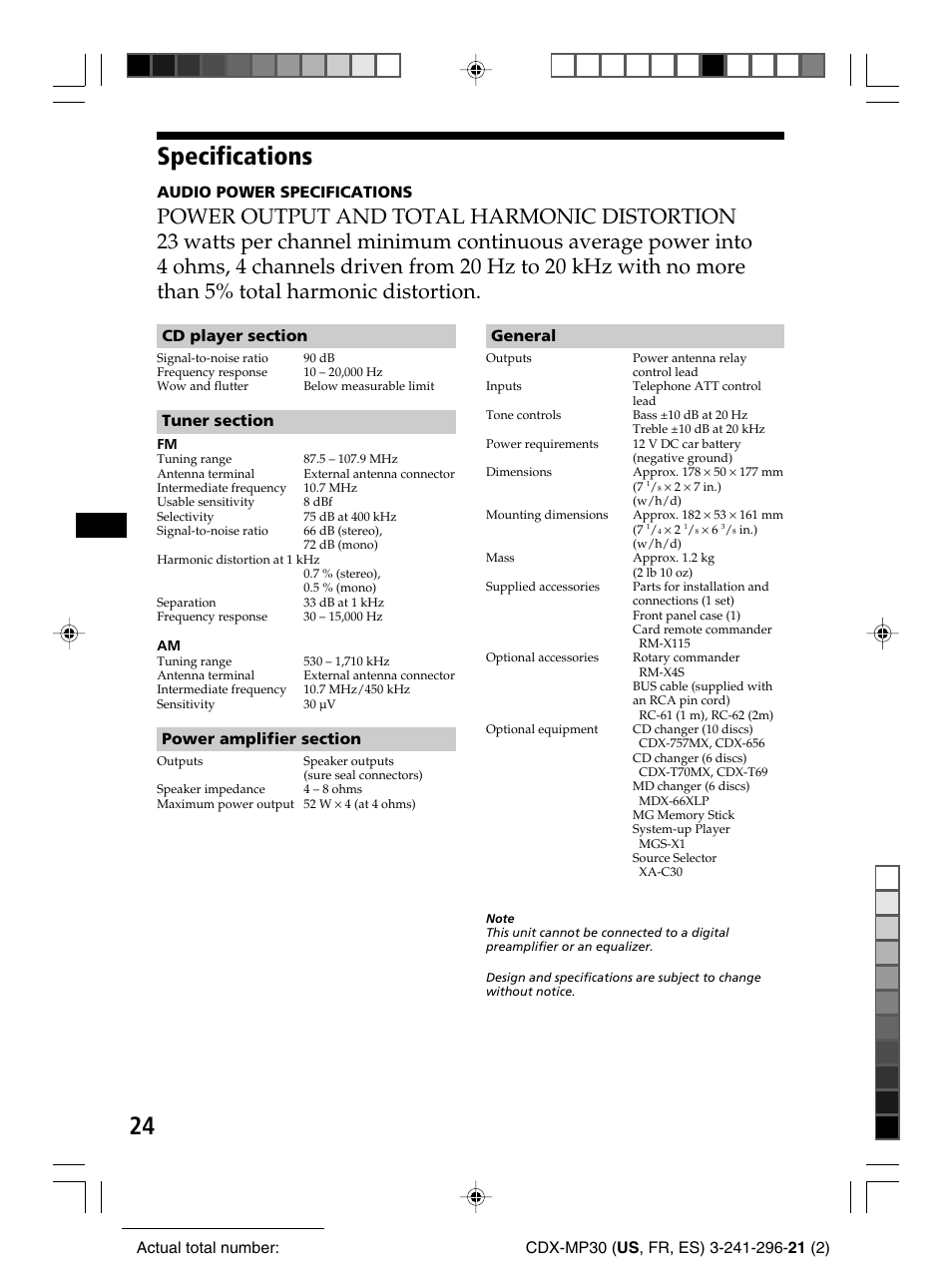 Specifications, General, Audio power specifications | Sony CDX-MP30 User Manual | Page 24 / 80