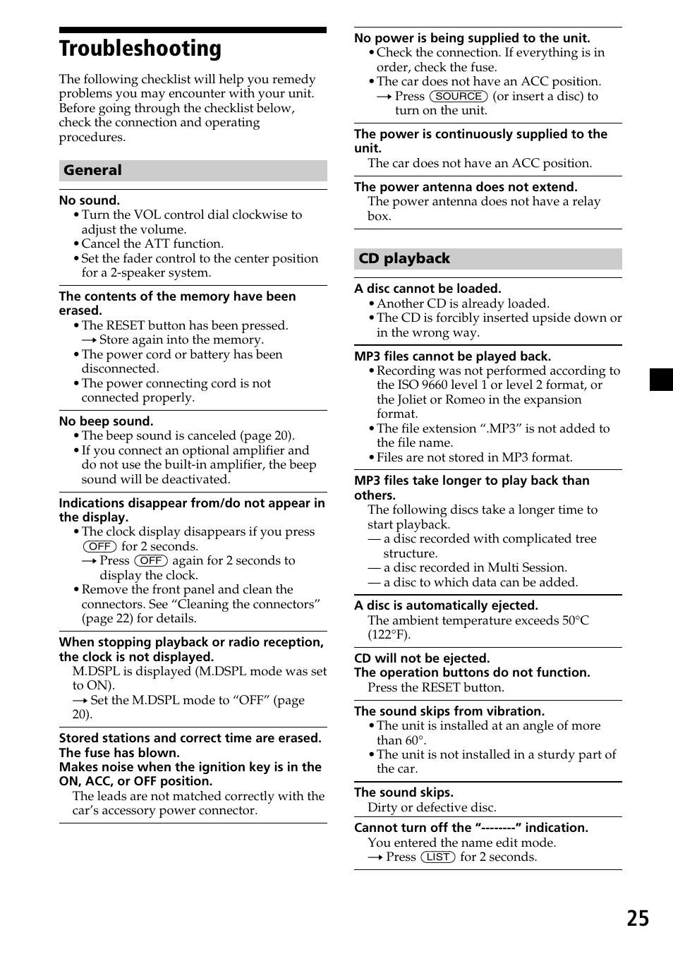 Troubleshooting, 25 troubleshooting | Sony CDX-MP30 User Manual | Page 25 / 80