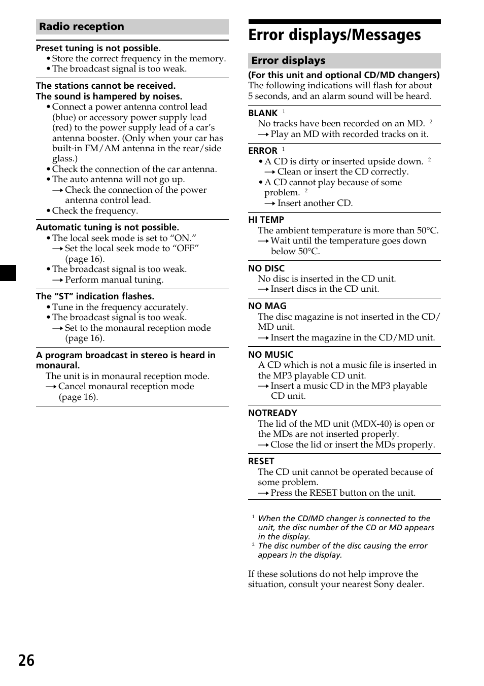 Error displays/messages | Sony CDX-MP30 User Manual | Page 26 / 80