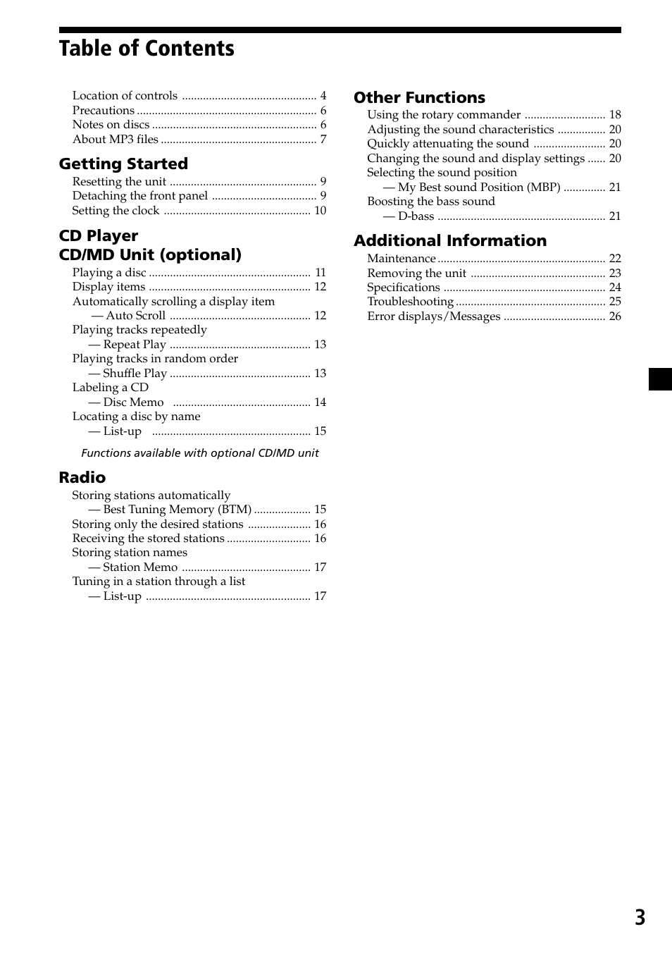 3table of contents | Sony CDX-MP30 User Manual | Page 3 / 80