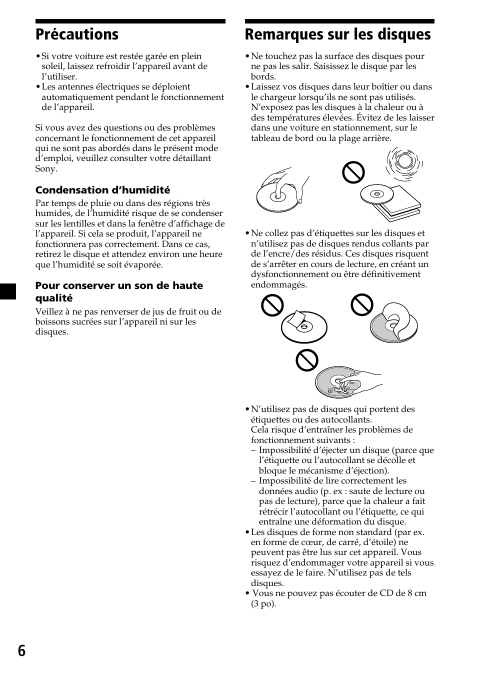 6précautions, Remarques sur les disques | Sony CDX-MP30 User Manual | Page 32 / 80