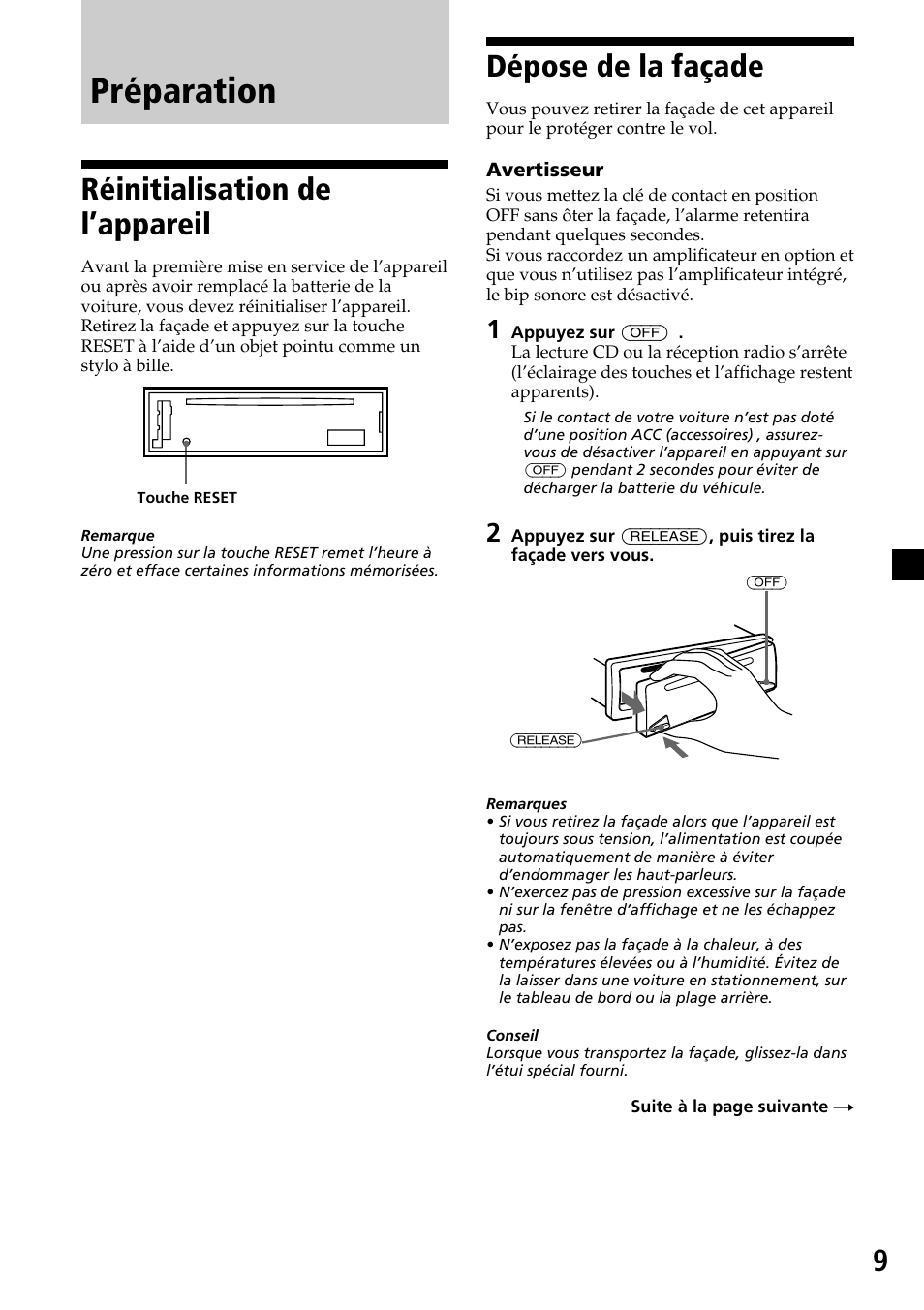 Préparation, 9dépose de la façade, Réinitialisation de l’appareil | Sony CDX-MP30 User Manual | Page 35 / 80