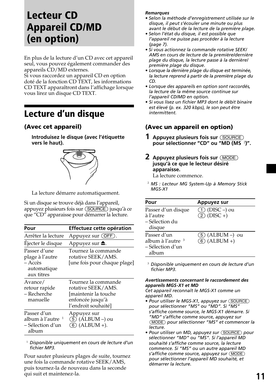 Lecteur cd appareil cd/md (en option), Lecture d’un disque | Sony CDX-MP30 User Manual | Page 37 / 80