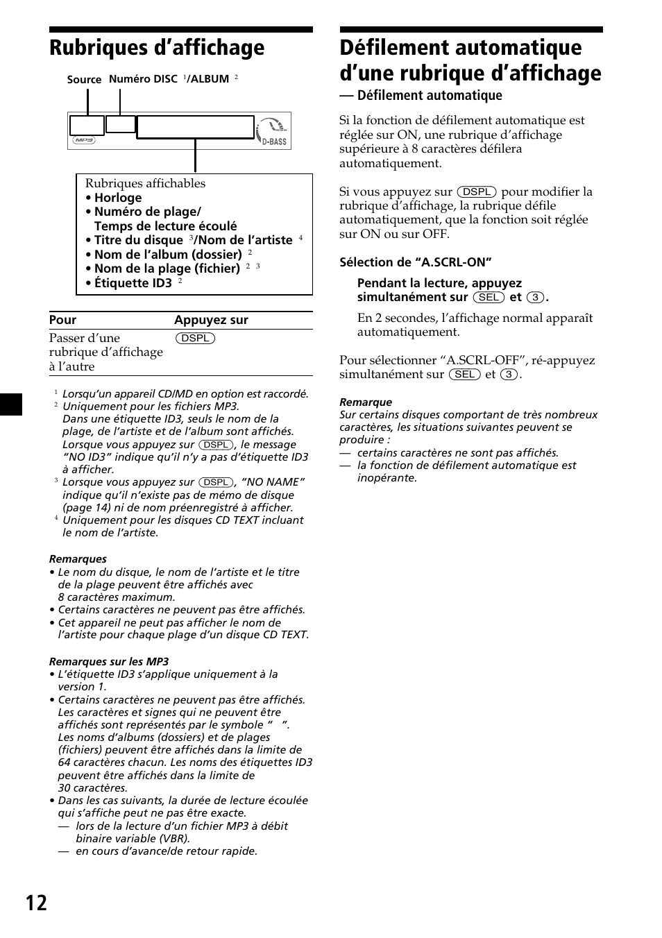 Rubriques d’affichage, Défilement automatique d’une rubrique d’affichage, Défilement automatique | Sony CDX-MP30 User Manual | Page 38 / 80