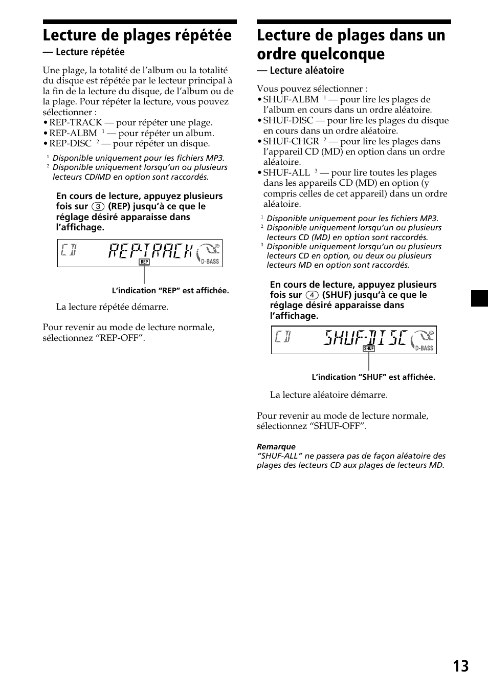 Lecture de plages répétée, Lecture de plages dans un ordre quelconque, Lecture répétée | Lecture aléatoire | Sony CDX-MP30 User Manual | Page 39 / 80