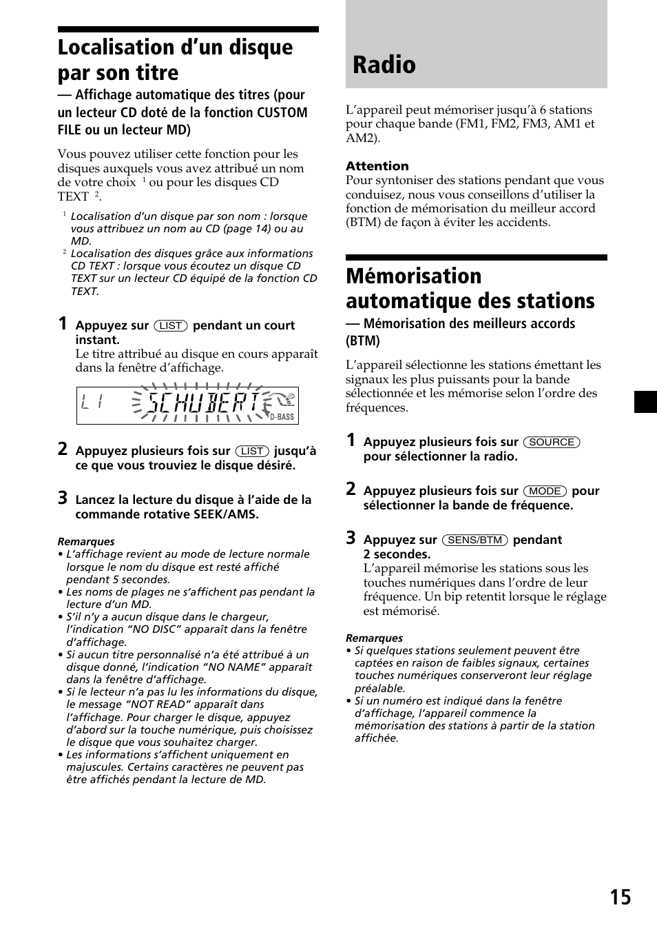 Radio, Mémorisation automatique des stations, Localisation d’un disque par son titre | Sony CDX-MP30 User Manual | Page 41 / 80